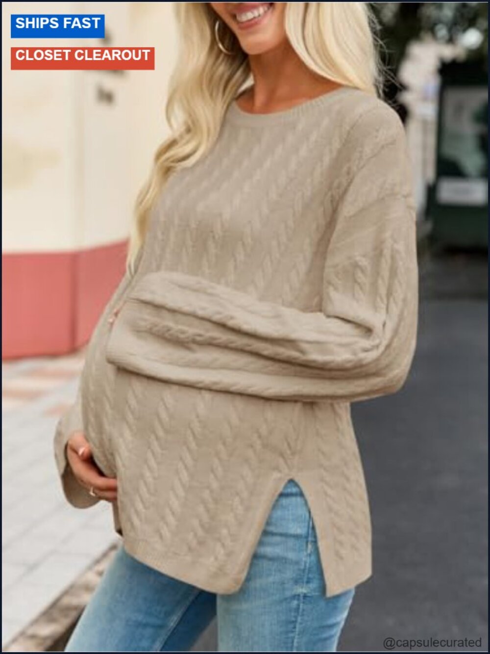 Maternity Cable Knit Sweater Loose Fit Crewneck Long Sleeve Side Slit Fall - Picture 2 of 6